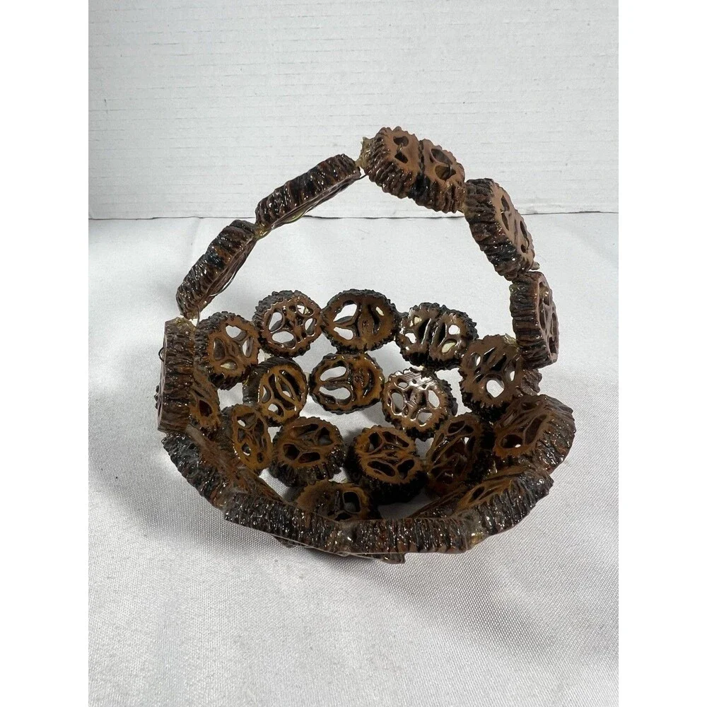 Vintage Handcrafted Black Walnut Shell Mini Basket Folk Art w/ Handle 4.5”